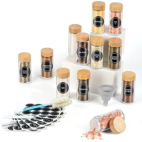 FRIBERG 12 Pots à épices Ronds en Verre Avec Couvercles et en Bois, 120 ml, Rangement des épices de Cuisine, Avec éTiquettes, Stylos, Brosse de Nettoyage, Entonnoir et Tamis