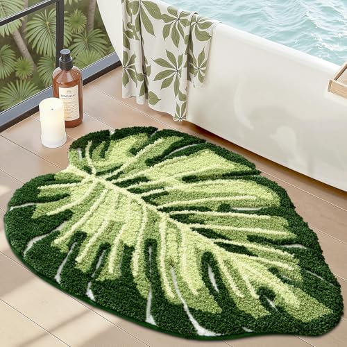 LUMI Cute Bathroom Rugs with Green Leaf Plant, Soft, Fluffy, Plush, Absorbent, Quick Dry, Non Slip, Machine Washable for Shower Floor, Bathroom, Bedroom,Kids Room, 23.5x31.5, Monstera