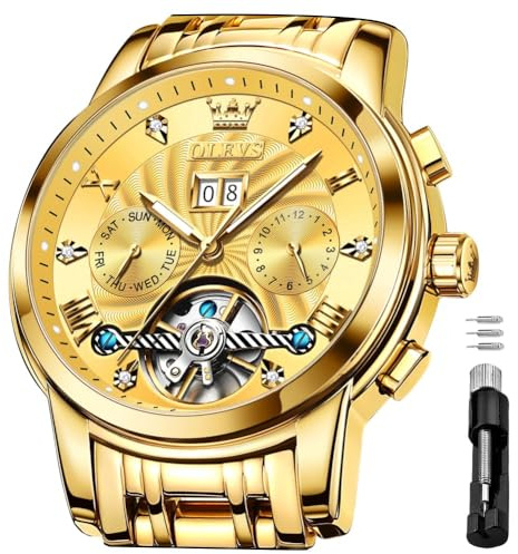 OLEVS Gold Automatic Mechanical Luxury Dress Tourbillon Wrist Watches for Men