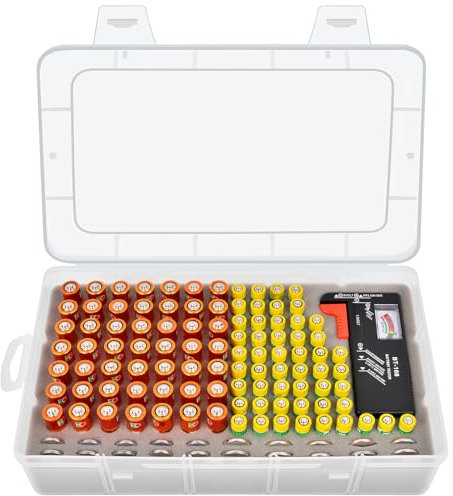 Casmilee Organizer per Batterie - Contiene 49 AA e 51 AAA, con Tester - Scatola in Plastica e Borsa (Solo Contenitore)