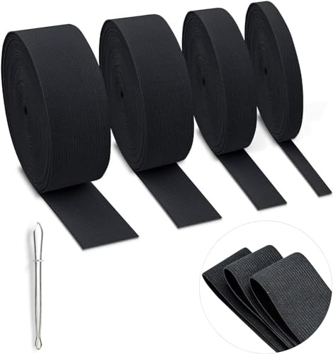 20M Gummiband Schwarze Schwarz Breite 10mm 20mm 30mm 40mm, Elastisches Farbband Bänder Gummibänder Nähen 4 Stück mit Nadeleinfädler für DIY Handwerk Nähen Zubehör nicht leicht verformbar