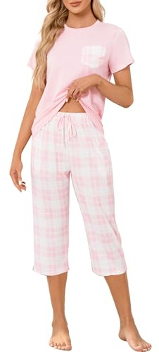 Reliwel Pyjama Femme Coton été Ensemble Femme à Manche Courte et Carreaux 3/4 Pantalon Vêtements de Nuit Col Rond 2 Pièces Doux Confortable