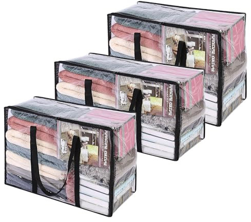 Vieshful 3 Stück Transparente Plastik Aufbewahrungstasche, 40+60+90L Organizer Aufbewahrungsbox Kleideraufbewahrung Umzugskartons für Bettdecken, Kleidung, Bettwäsche und Steppdecken