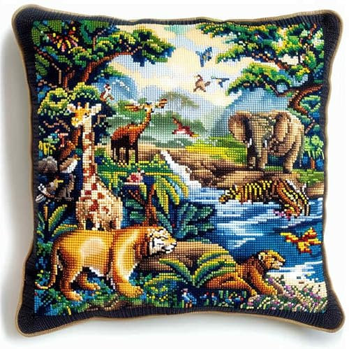 kitphoenix Latch Hook Kissen Kit, Tier Knüpfkissen Set Für Anfänger Erwachsene Oder Kinder Zum Selber Knüpfen,Tier Elefant Tiger Löwediy Knüpfteppich Knüpfpackung, Knüpfhaken Set 43 X 43 Cm