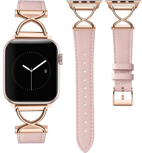 CeMiKa Bracelet Cuir Compatible avec Apple Watch 41mm 40mm 38mm Femmes, Mince en Cuir Véritable avec X-Shape Métal pour iWatch Series 9 8 7 6 5 4 3 2 1 SE, Rose/Or Rose