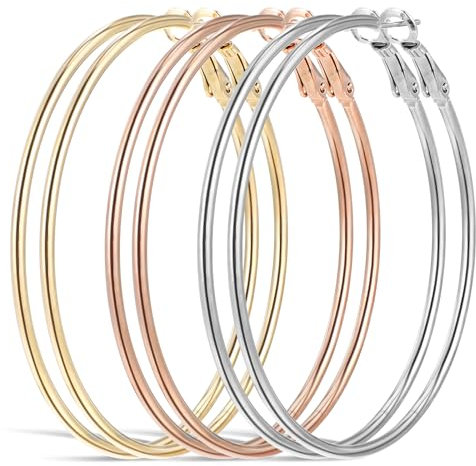 Tyqour 3 Paare Große Creolen Ohrringe Set, Edelstahl Ohrringe Länge 60mm, Silber Creolen Hoop Kreis Gold, Hypoallergen Kreis Endlose Creole für Mädchen Und Damen