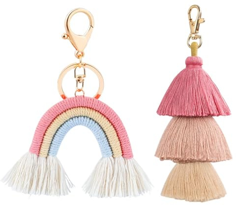 RDNKVB 2 Stück/Set Schlüsselanhänger, Anhänger mit Quaste, Schlüsselhalter, Weben, Autorückspiegel, Mädchenzimmer, Kinderzimmer, Rucksack Dekoration (Regenbogen)