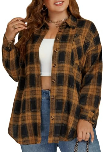 Plus Size Button Down Shirts for Women Fall Flannel Tops Trendy Plaid Blouses Collared Tunics 4XL Black&Yellow