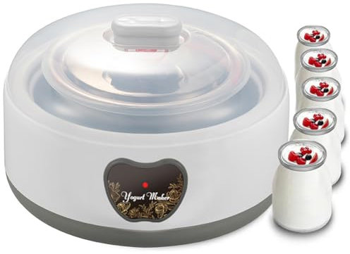 YHUEGH Elektrischer Joghurtbereiter, automatische 15-W-Joghurtmaschine mit 1200-ml-Edelstahl-Innentopf, 5 100-ml-Glasgefäßen, thermostatische Steuerung, Küchengeschenk für Männer oder Frauen