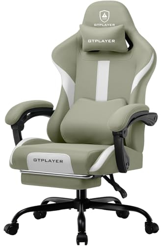 GTPLAYER Gamingstol, kontorsstol, ergonomisk gamingfåtölj med nackstöd och molnländryggskudde, vadderad spelstol med fotstöd, snurrfåtölj, 150 kg kapacitet, grön