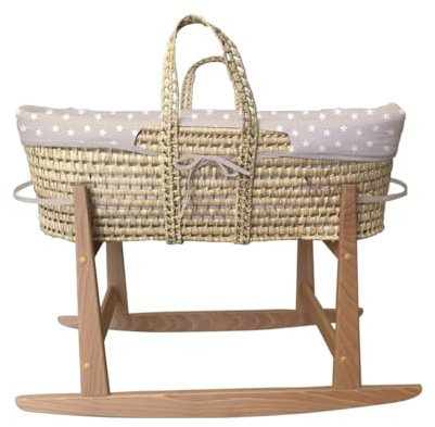 Tanuki Moisés de Mimbre Natural para Bebé con Base de Madera - Hecho a Mano - Colchón Incluido - Estilo nórdico Cloe B Beige