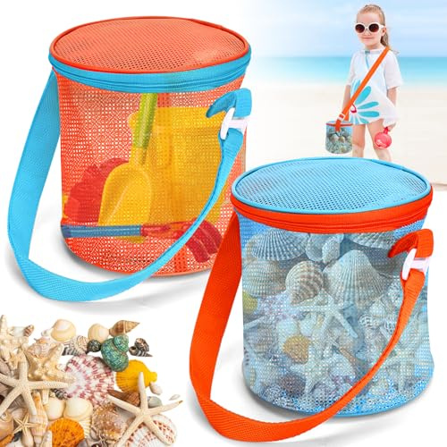 Yamobi 2 Stück Strandspielzeug-Netztaschen, Verstellbarer Schultergurt, Praktische Spielzeugaufbewahrung für Kinder, ideal für Strand, Strandspielzeug (Orange, Blau)