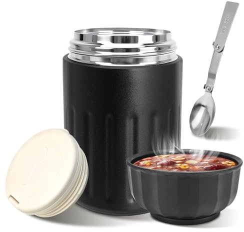 MIUUIPI Contenitore termico per cibo, in acciaio inox, 600 ml, contenitore per alimenti, thermos per cibo, a prova di perdite, mueslicup con cucchiaio per yogurt, porridge