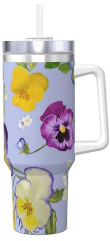 YWSOTRE Pansy Flowers,40OZ Ice Bully Cup with Handle Stainless Steel Mug Water Bottle