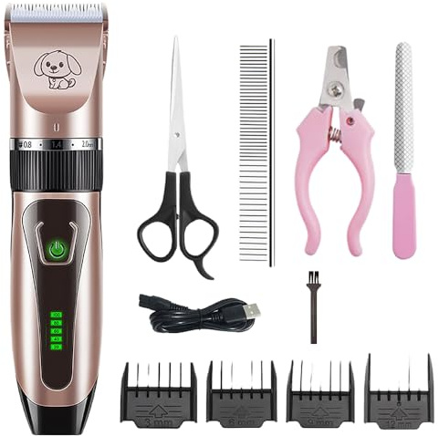 Bjaf Dog Clipper Pro Leise Schermaschine für Katzen und Hunde, 4 Längenverstellbare Klingen Kabellos Effektiv und Komfortabel für Haustiere