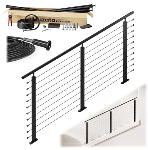 Muzata 4-8FT Upgraded Pre-Crimped Black Complete Cable Railing Kit for Slope 36 Inch 25-40 Degrees Cable Railing System with Post Handrail Slope Adjustable Easy DIY with User Guide Complete Set RC17
