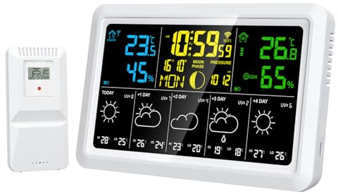 Greensen Drahtlose Wetterstation, Innen- und Außen-Thermometer Hygrometer mit WiFi APP Farbdisplay Atomuhr Wettervorhersage Barometer, für den Hausgebrauch (EU-Stecker)