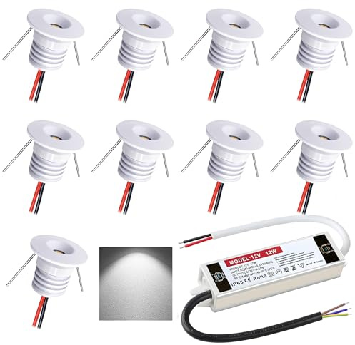 DYKUWEY 9 Pack Mini Downlight LED Techo Empotrable 1W, 12V IP65 Focos LED, Focos para el techo, para Baño,Cocina,escaparate,armario,dormitorio,Diámetro 22mm,agujero16mm (Blanco,Blanco Frío 6000k)