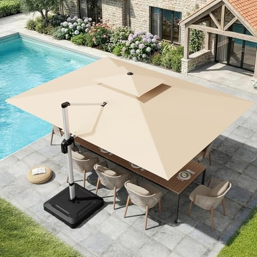 UDPATIO Sonnenschirm 400 x 300 cm Rechteckig mit Ständer, Ampelschirm Groß Aluminium, Marktschirm - Doppeldach, Gartenschirm 360° mit Kurbel, Balkonschirm, Sonnenschutz UV50+, Champagner Wasserdicht