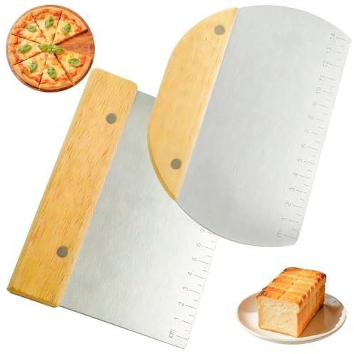 Set of 2 Stainless Steel Dough Scrapers with Wooden Handle, Dough Card Set with Non-Slip Wooden Handle, Pizza Knife, Pastry Scraper, Bench Scraper for Dough, Pizza, Cake, Cake