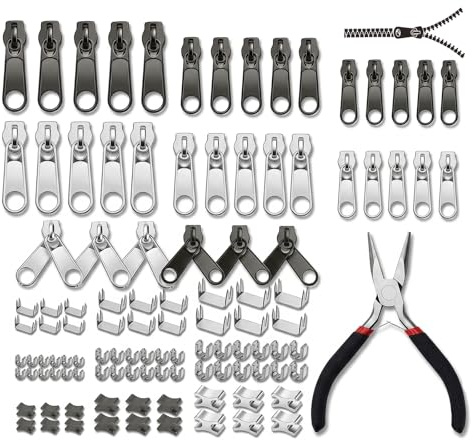 XSJIJKAG Reißverschluss Reparatur Set 85 Stück, Universal Reisverschluss-Zipper Ersatz mit Zange, Repair Zip Kit für Kleidung Jacken Taschen und Rucksäcke, Metall Schieber (3 Größen: #3/5/8)