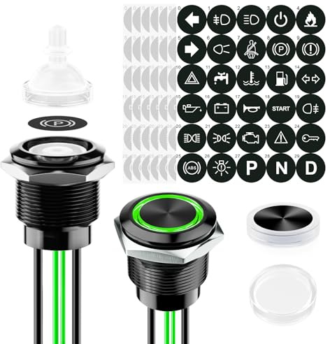 FILN 2stüCk Wasserdichte 22mm Taster Drucktaster 20A 12V-24V Grün Led | Metall Vorverdrahtet Ip67 druckschalter Mit 185 Austauschbaren Symbolen 1no1nc Für Auto,Boot,Industrie