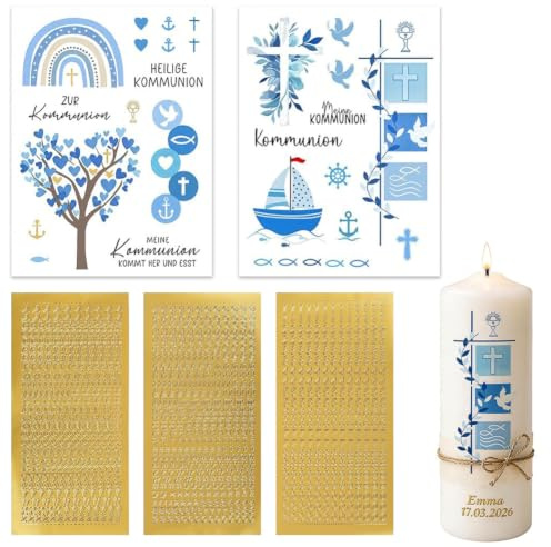 Lot de 5 tatouages pour bougies de communion, baptême, bougies de communion, kit de bricolage avec 2 films coulissants d'eau, 2 feuilles d'autocollants avec lettres, 1 feuille d'autocollants chiffres