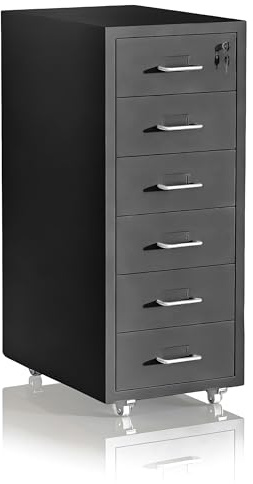 Relaxdays Rollcontainer, 6 Schubladen, HxBxT: 69 x 28 x 41 cm, abschließbar, Aktenschrank auf Rollen, Metall, schwarz