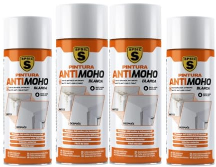 SPSIL Moho Guard Spray Antimoho Blanco 400ml X 2, Pintura Acrílica Antihumedad Interior y Exterior Base Agua Sin Olor Alta Opacidad para Paredes, Techos y Azulejos