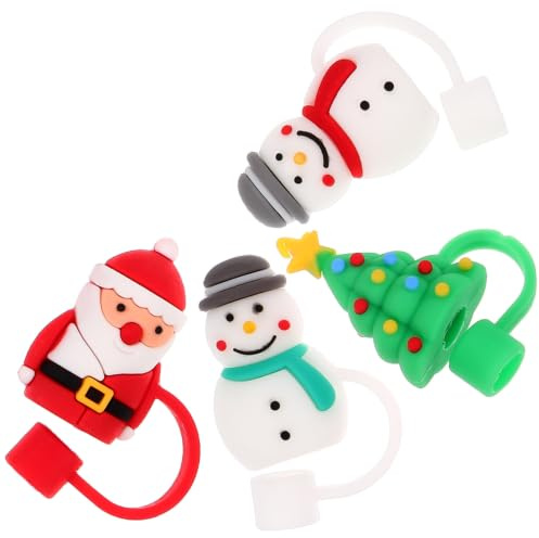 LOPUNER Tapas de Paja Reutilizables Diseño Navideño, 4 Piezas de Pvc Decorativas y Ligeras para Actividades al Aire Libre y Fiestas de Cumpleaños