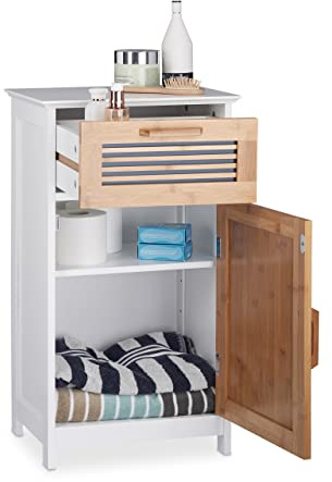 Relaxdays Badschrank schmal, Schublade, natürliche Optik, weiß | höhenverstellbarer Einlegeboden, MDF, HBT: 70x40x28,5cm