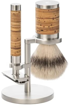 MÜHLE Rocca Rasierset - Silvertip Fibre Pinsel, Rasierhobel, Halter - Griffe aus Edelstahl und Birkenrinde - vegan