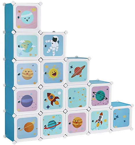 SONGMICS Regalsystem mit 15 Würfeln, Aufbewahrungsschrank für Kinder, Steckregal, Schuhregal aus Kunststoff, Kleiderschrank mit Türen, Mehrzweck, Schuhe, Spielzeug, 153 x 31 x 153 cm, blau LPC902Q01