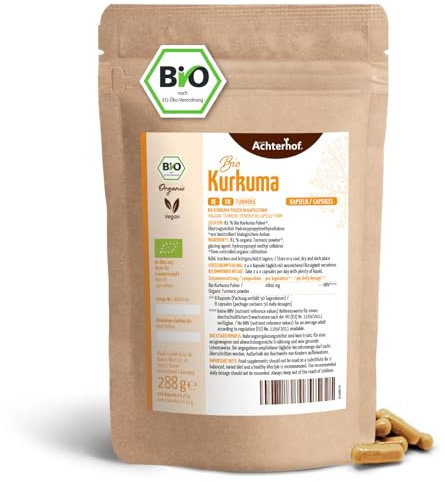 Capsules de curcuma bio en recharge | 400 pièces | 4800mg de curcuma par dose journalière | racine de curcuma fraîchement moulue de qualité bio | enveloppe de gélule végétalienne | vom Achterhof