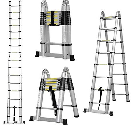 5M/16.5FT Folding Telescopic Ladder (2.5M + 2.5M) 16-Step Aluminum Alloy Telescopic Ladder Folding Extension Ladder with Straight Ladders for Household Industrial Use
