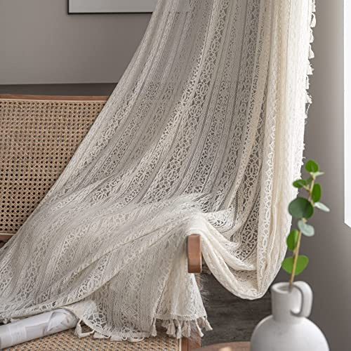 WAZZIO Tende in pizzo bohémien, 2 pannelli, 2 pannelli, con tasca per asta, stile vintage, bohémien, all'uncinetto, geometrie, privacy, color crema, tende trasparenti per soggiorno e camera da letto