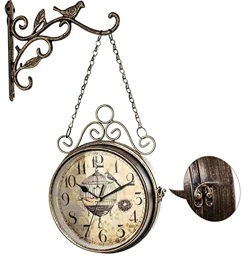 Retro Rust Wall Clock 20th Century 8 Non Ticking Large Iron Antique Hanging Clocks Double Sided Vintage Two Faces Innovative Classic, Silent Quartz Round Clock for Office Bedroom Living Room Decor