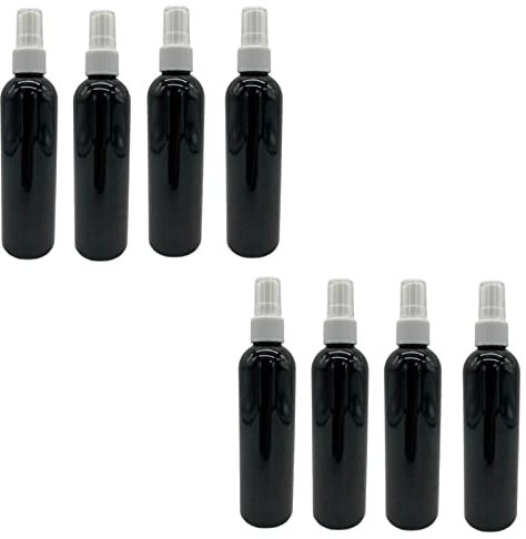 Natural Farms 4 oz Black Cosmo Plastic Bottles - 8 Pack Empty Bottle Refillable - BPA Free - Essential Oils - Aromatherapy | White Ribbed Fine Mist Pump Spray Caps- Made in the USA