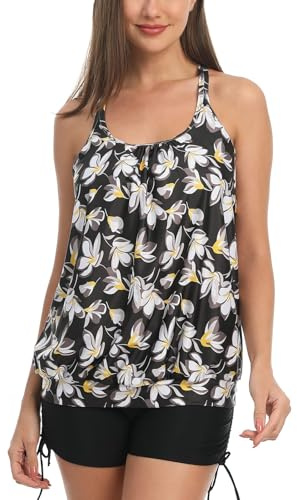 IHCEMIH Baddräkt kvinnor tankinis set push-up magkontroll hög midja badkläder baddräkt strandkläder damsnöre två delar blus tankini med shorts för damer, Blomma + svarta shorts, XXL