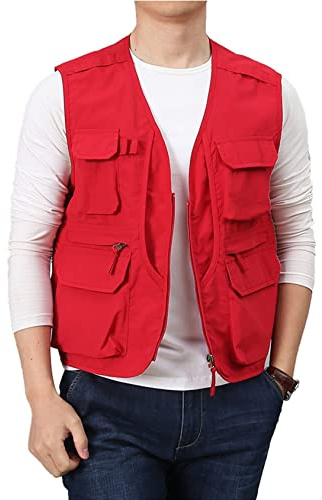 Flygo Men's Utility Cargo Vest Outdoor Summer Work Photo Fishing Safari Travel Vest with Pockets(01Red-M)