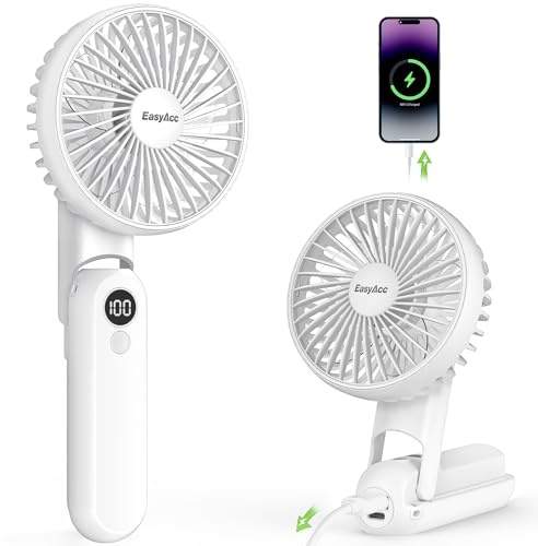 EasyAcc Portable Fan, 5000mAh Battery & 5 Speeds - Foldable USB-C Rechargeable Mini Hand Fan for Outdoor Travel & Makeup - White
