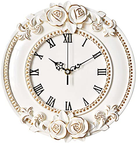 Detemo European Retro Wall Clock Decor,Mute Rose Relief Battery Operated Clock for Living Room,Mural Restaurant,Wall Crafts Decor (Round Rose)