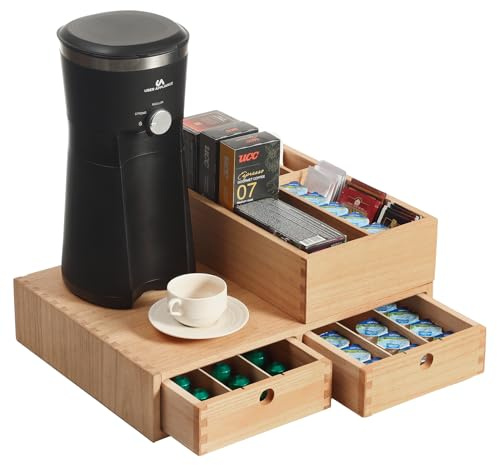 KIRIGEN Wood Coffee Pod Holder, 2 Drawer Capsule Organiser for Pods, Paulownia Coffee Machine Stand with Accessory Caddy for Kitchen Counter, Natural(KFJ-NA)