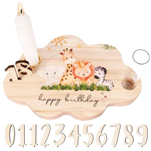 Bougeoir en Bois Anniversaire Support pour Bougie Porte Bougie de Motif Animaux Lion Cadeau d’Anniversaire Chauffe Plat en Forme de Nuage avec Numéro 0-9 Décoration de Table Cadeau Anniversaire