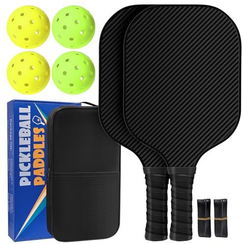Pickleball-Paddel aus Kohlefaser, rutschfestes, schweißabsorbierendes Kissen, Komfortgriff, 2 Paddel und 4 X-40 USAPA Standard Outdoor Pickleball (USAPA-zugelassen für Turnierspiele), 2 Griffbänder, 1