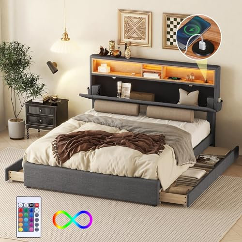 Polsterbett 140x200, Doppelbett mit 4 Schubladen Stauraum, LED-Kopfteil mit Staufach und USB Aufladen, Stauraum-Kopfteil Bett mit Lattenrost und LED-Beleuchtung, Stauraumbett Jugendbett (Grau)