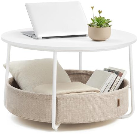 VASAGLE Couchtisch rund, Tisch mit Stauraum, Beistelltisch, Wohnzimmertisch mit Korb aus Stoff, modern, Metallrahmen, mattweiß-Kamelbraun LCT244W10