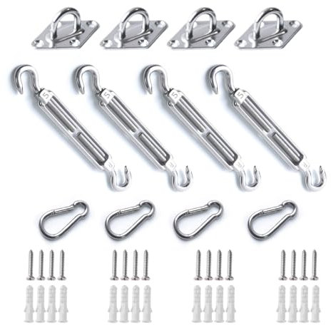 Sonnensegel Befestigungs Kit, Sonnensegel Zubehör Montage für Viereckigen Dreieckigen Sonnensegeln Rostfreier 304 Edelstahl(12-teiliges Set für Viereck)
