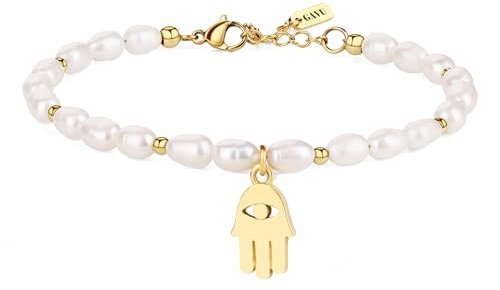 GAVU Perlen Armband für Damen mit Hamasa Hand Anhänger und vergoldeter Edelstahlkette für Frauen