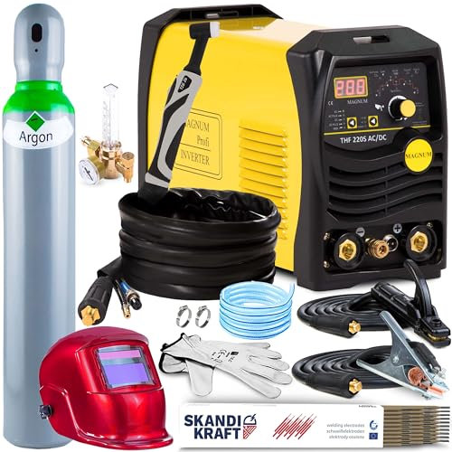 MAGNUM THF 220S AC/DC - WIG Schweißgerät AC DC mit Punktschweißen, MMA-Modus und Puls-Funktion - Merkmale: Pre Flow und Post Flow, 200A Schweißstrom, IGBT-Technologie usw. - Set Professional Plus